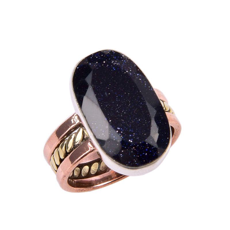 Natural Blue Sunstone Gemstone 925 Solid Sterling Silver Two Tone Ring S.6 B9u81