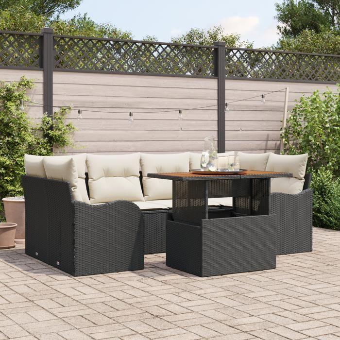 Ensemble de canapé de jardin 7 pièces avec coussins en poly rotin noir acacia, Canapé de jardin 2 places avec coussins 3349410