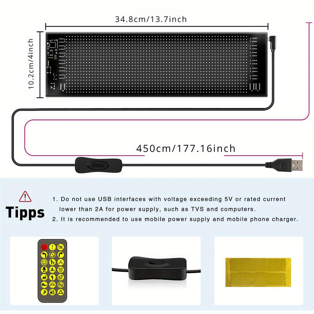 5V LED Matris Piksel Panel DIY RGB Aydınlatma Grafiti Kayan Metin Panosu, Ön ve Ön Cam Ekranı, Uzaktan Kumanda ve APP Kontrolü