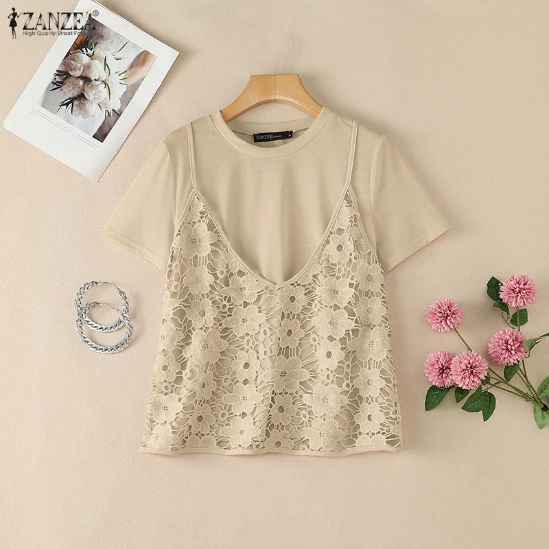 ZANZEA Women Casual Round Neck Lace Patchwork Summer Loose Short Sleeve T-Shirts