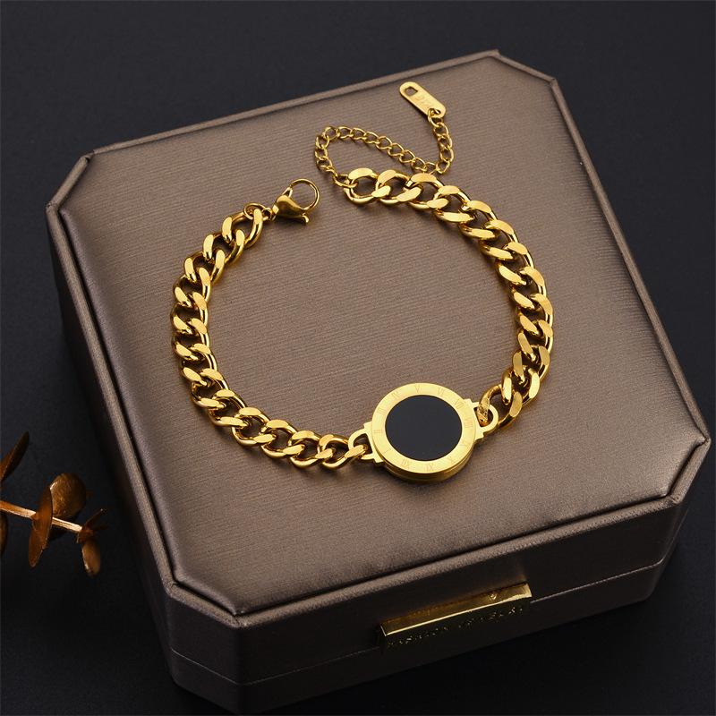 18K Gold Plated Roman Numeral Black Onyx Cuban Link Bracelet, Dainty Chunky Chain Bracelet for Women, Trendy Jewelry