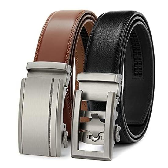 PlusZis Leather Ratchet Dress Big with Automatic Basic Black Gun Edge Adjustable Men's Belt, & Tall, Buckle, - Black. Waist 28"-68"