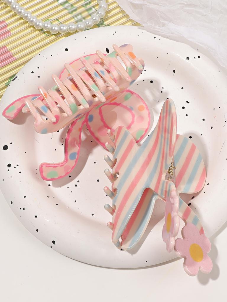 Spring Sweet Pink Spot Flower Bowknot Hair Claw Clip For Women,Butterfly Hairpin Ponytail Stripe Bow Hair Accessories Headwear
