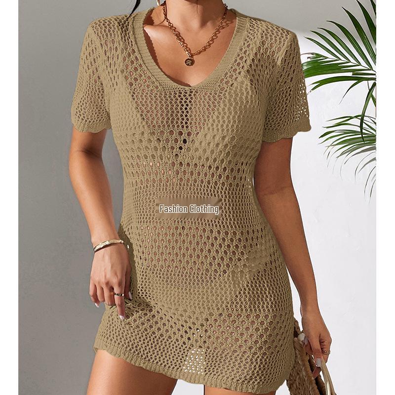 European & American Women's Sexy Hollow Short-Sleeve Bikini Cover-Up Sun Shirt