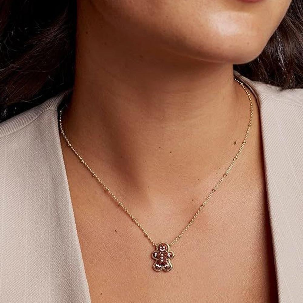 Cute Gingerbread Man Necklace for Women Fashion 14K Gold Plated Pendant Choker Christmas Holiday Gift Earring Jewelry Set Chic Small Design