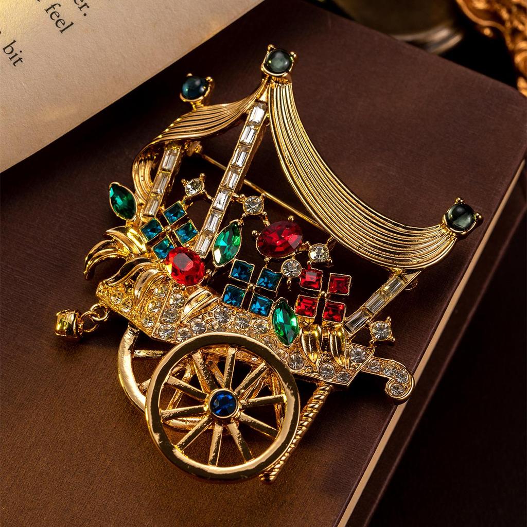 Vintage Fairy Tale Gemstone Cart Brooch – Colorful Jewelry for Fashion Accessories