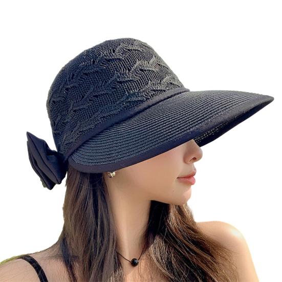 Hollow Out Round Dome Straw Hat Back Bowknot Decor Folding Wide Large Brim Pure Color Beach Hat Fashion Accessories