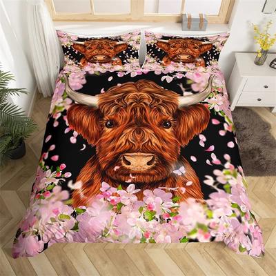 Juego de Cama Vaca Highland Poliéster Toro Ganado Flores Funda Nórdica Animal Salvaje Occidental Cubierta de Edredón Vaca Granja Cubre Cama