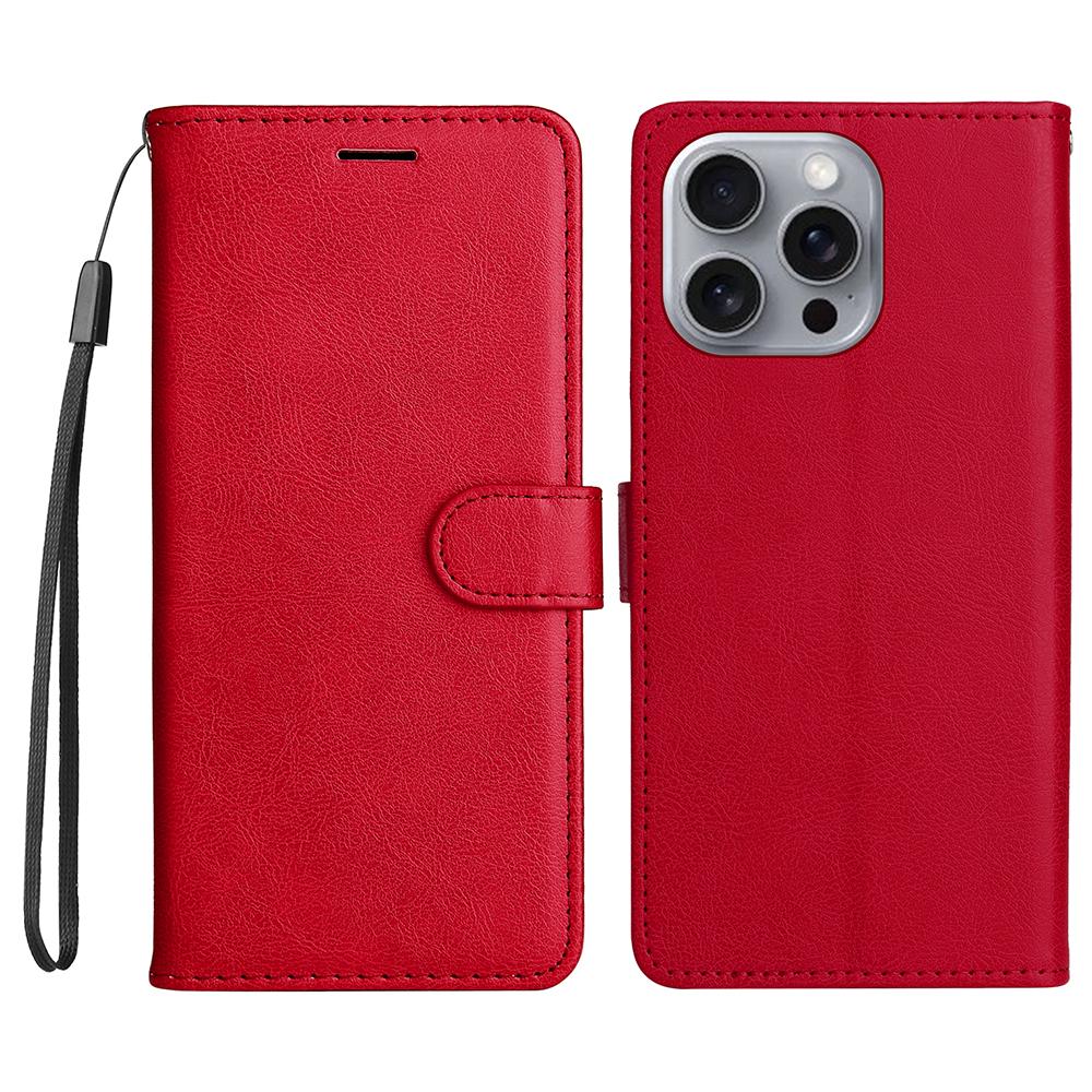 For iPhone 16 Pro Max Case Solid Color Leather Mobile Cover Wallet Stand with Strap
