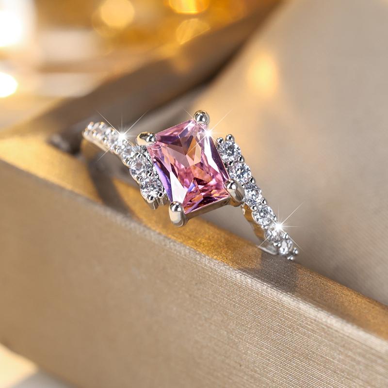 

Нежные серебряные кольца для женщин с квадратным розовым цирконием CZ, романтическое свадебное ювелирное украшение в подарок 10 серебряный/розовый