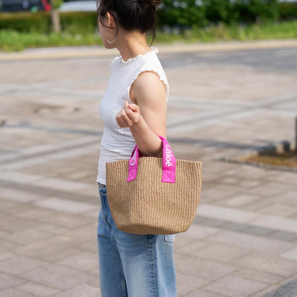 Bag Tote Bag Brown Pink Basket Bag Kids KIDS Mifuko Collaboration Grosgrain Ribbon Trim C20045 49L [Chloe] Women's [Item]