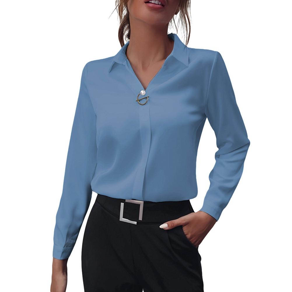 Women s Solid Color Lapel Brooch Long Sleeve Shirt Office Lady Shirt XL