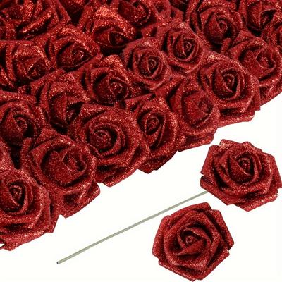 60 Pcs Gold Roses Artificial Flowers Glitter Roses Artificial Flowers 2.16in Foam Roses Fake Roses with Stem for Wedding Party DIY Centerpieces Decor