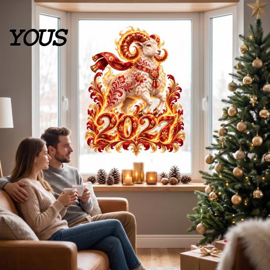 2027 New Year Celebration Decor Russian Flame Goat Static Glass Sticker, PVC Zodiac Sheep Window Cling for Home and Decorative Pattern Clings