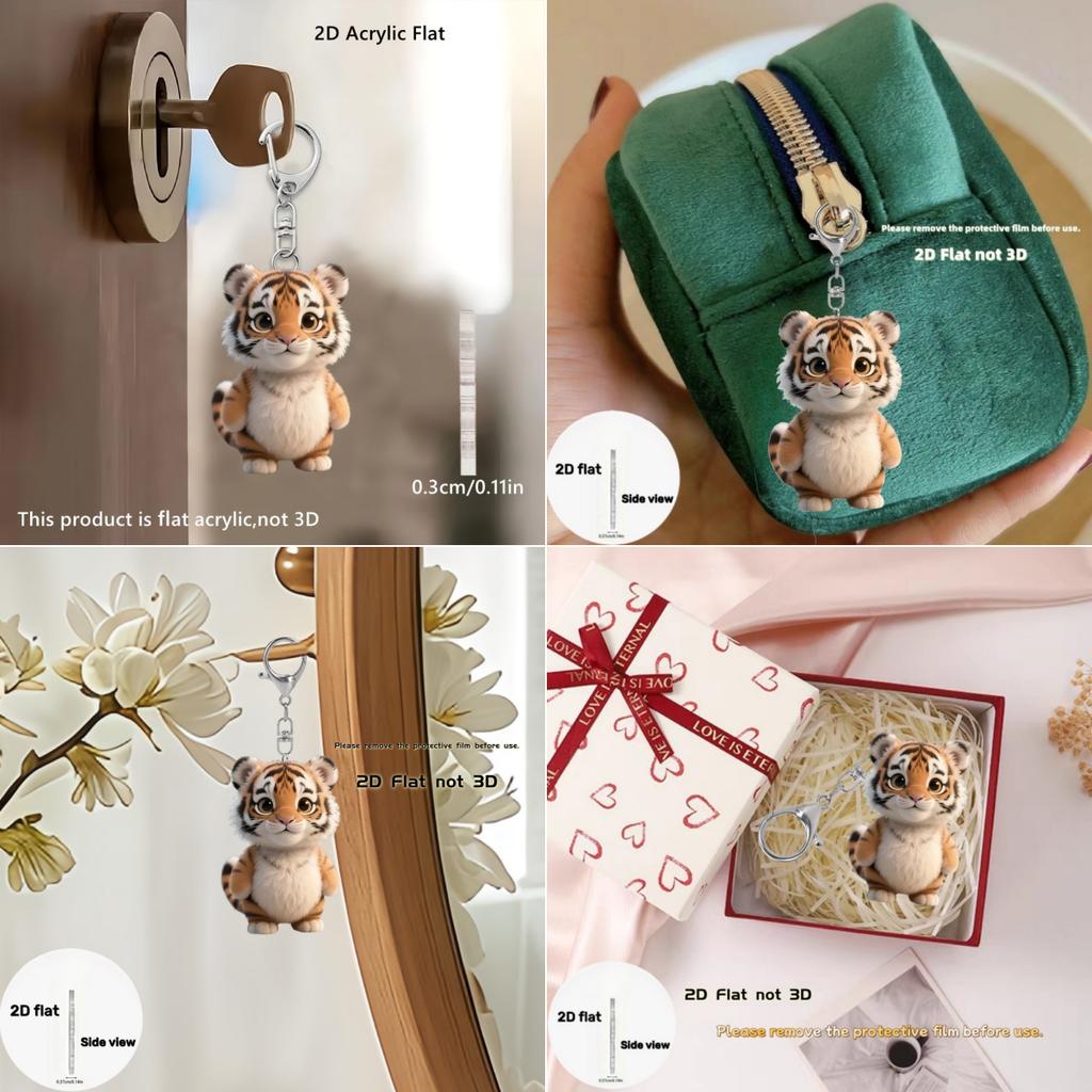 2D Cute Little Tiger Keychain Cartoon Animal Flat Pendant Acrylic Ornament Charms for Bag Hanging Decoration Party Festive Gift