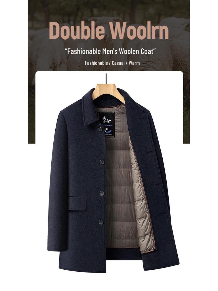 Men's Double-sided Mid-length Wool Coat with Lapel and Casual Down Liner