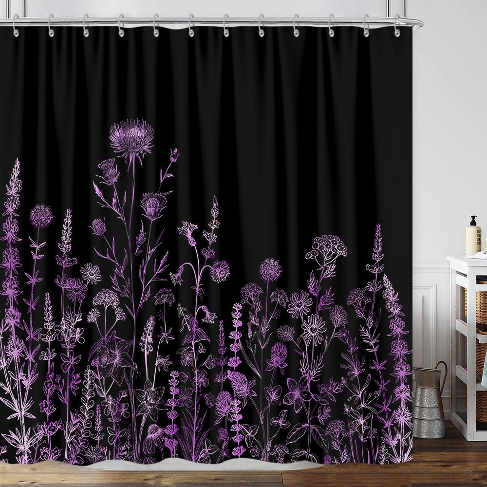 Vintage Boho Floral Shower Curtain, Cute Retro Bohemian Flower Botanical Aesthetic Decorative Shower Curtain Set with Hooks