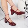 Fashion Comemore Square Head Mary Jane Shoes Women Spring Autumn Retro Belt Buckle Shallow Mouth Single Shoes Black Red High Heel Pumps