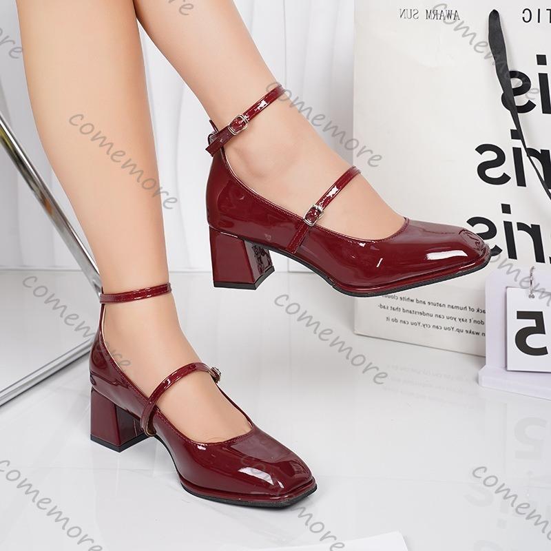 Fashion Comemore Square Head Mary Jane Shoes Women Spring Autumn Retro Belt Buckle Shallow Mouth Single Shoes Black Red High Heel Pumps