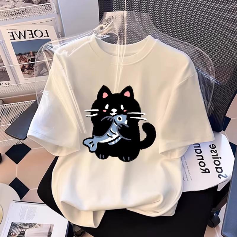 Women s Cartoon Print Loose Fit White Cotton T-Shirt, Short Sleeve, Plus Size, Summer 2026 L