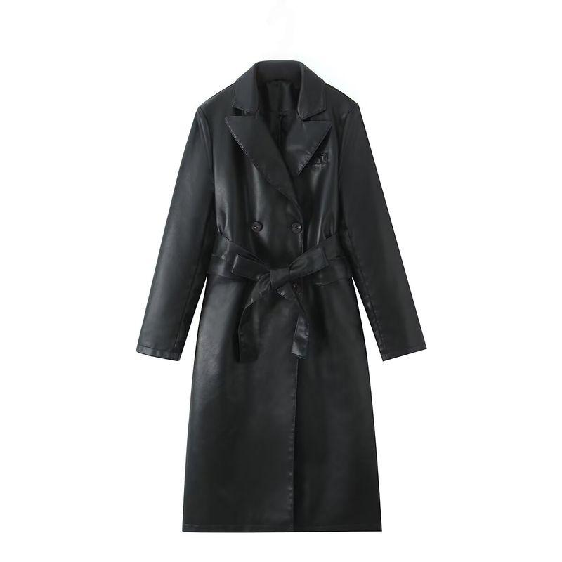 

Urban Protagonist French style Elegant High Sense Large Lapel Mid-Length Double Breasted PU Leather Coat Waist Hugging Trench coat Outerwear Black L