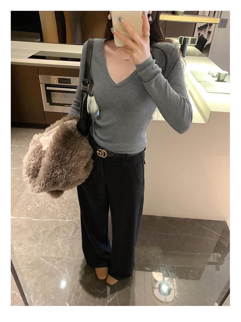 Winter 2025 Women's European-Style Knit Base Layer with Deep V-Neck - Unique and Mature Design