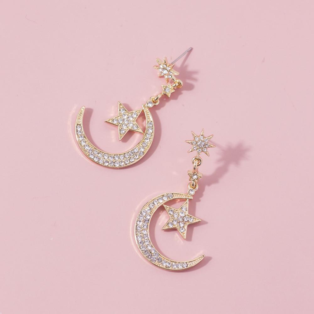 Trendy Gold Alloy Star Moon Earrings Sparkling Fashion Dangle Earrings For Women