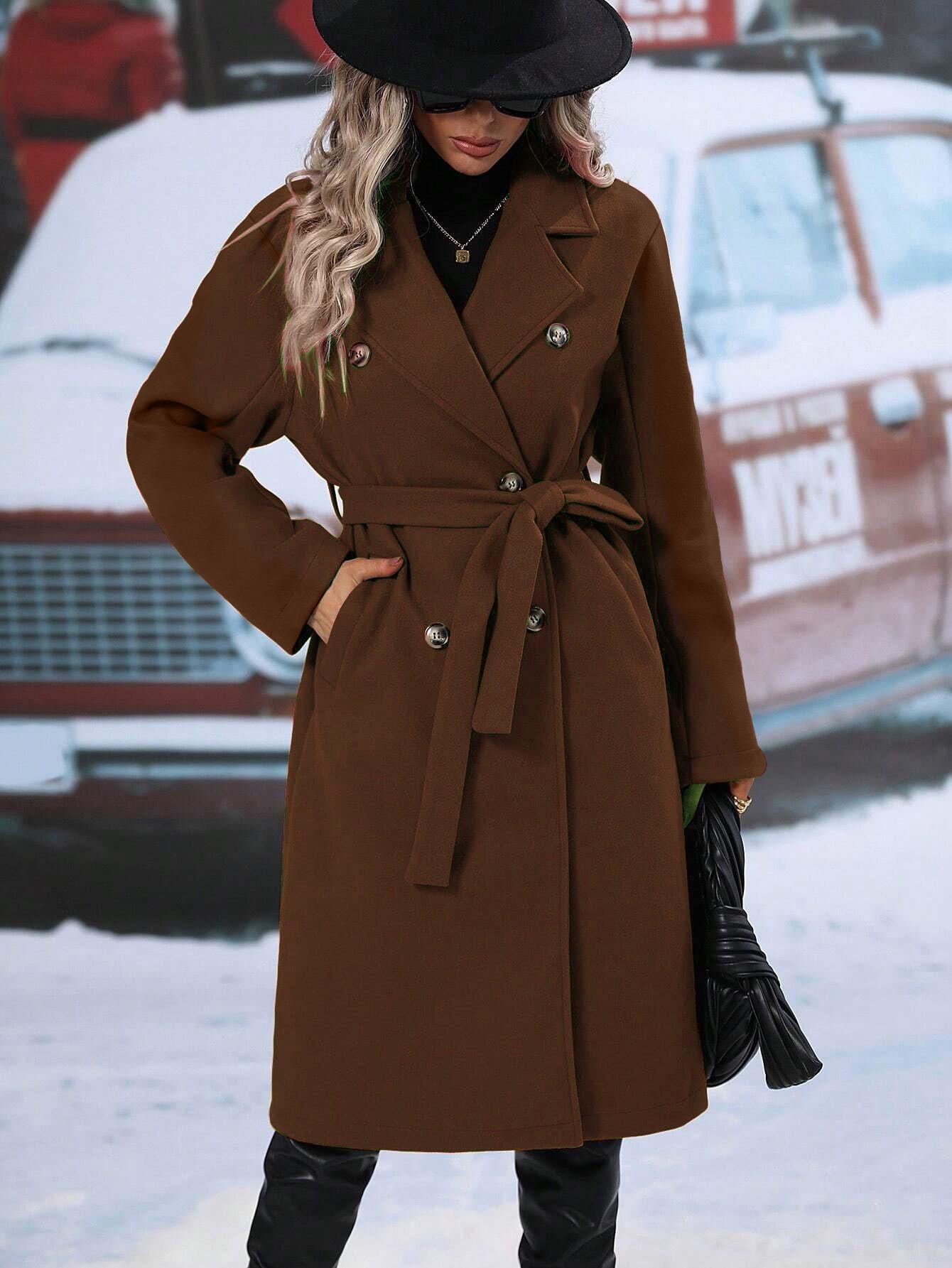 

2025 Fall/Winter Women s European & American Double-Breasted Wool Coat with Suit Collar & Tie S