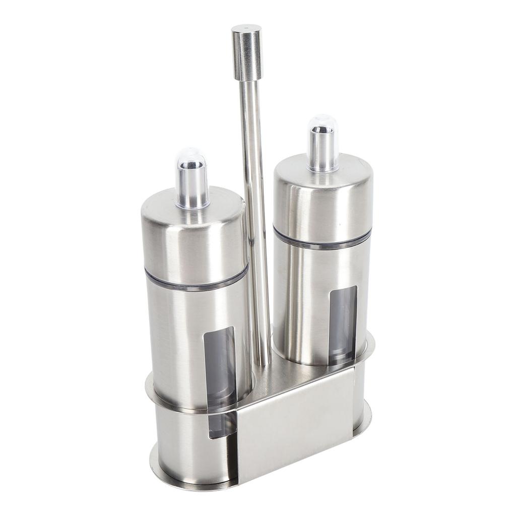 Oil and Vinegar Cruets 80ml Stainless Steel Olive Oil Dispenser Bottle Set with Base Stand Transparent Window for