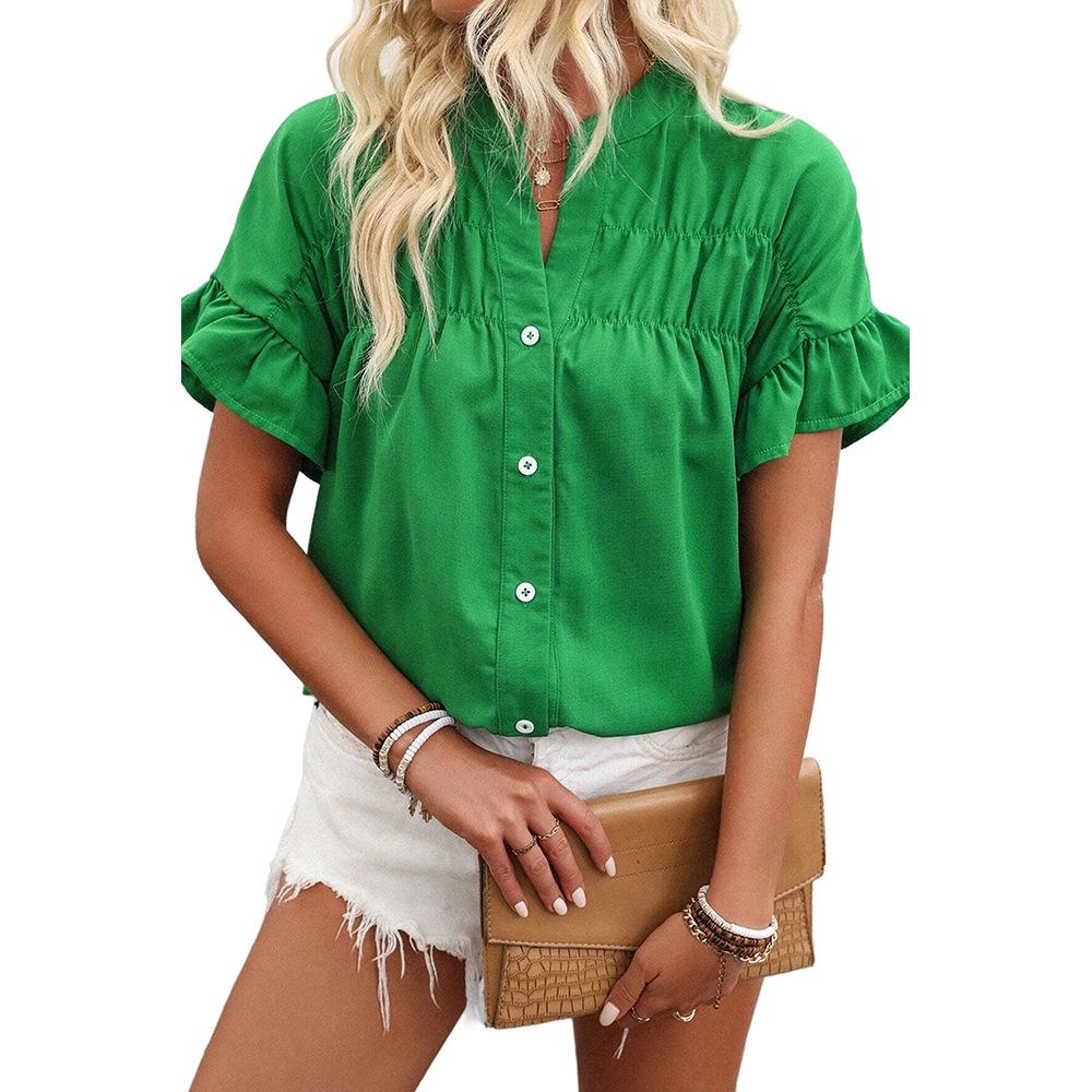 

SHIYING Women s Short Sleeve Pleated Button-Front Top with Shirt Collar Medium зелений