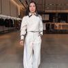 Europe and the United States cross-border 2025 new fashion casual loose long-sleeved temperament shirt collar color matching top pants two-piece set