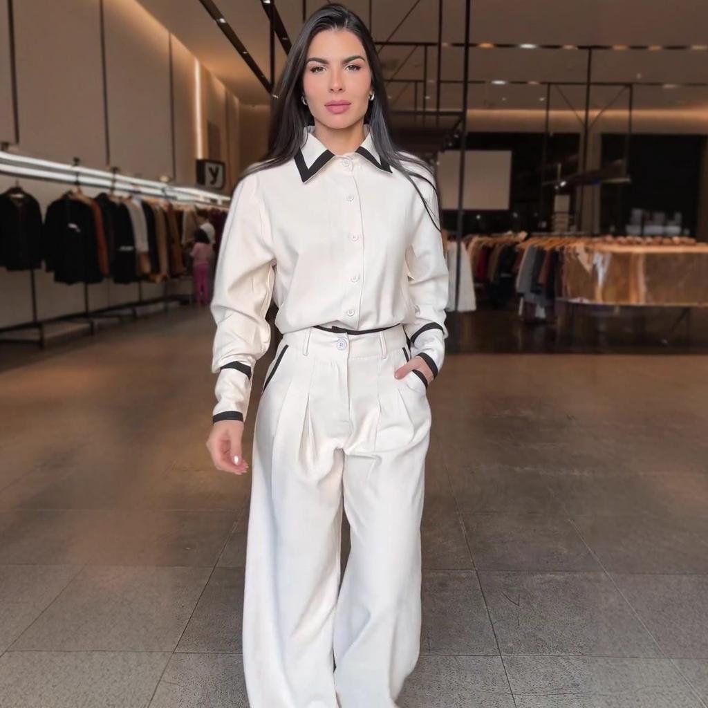 Europe and the United States cross-border 2025 new fashion casual loose long-sleeved temperament shirt collar color matching top pants two-piece set