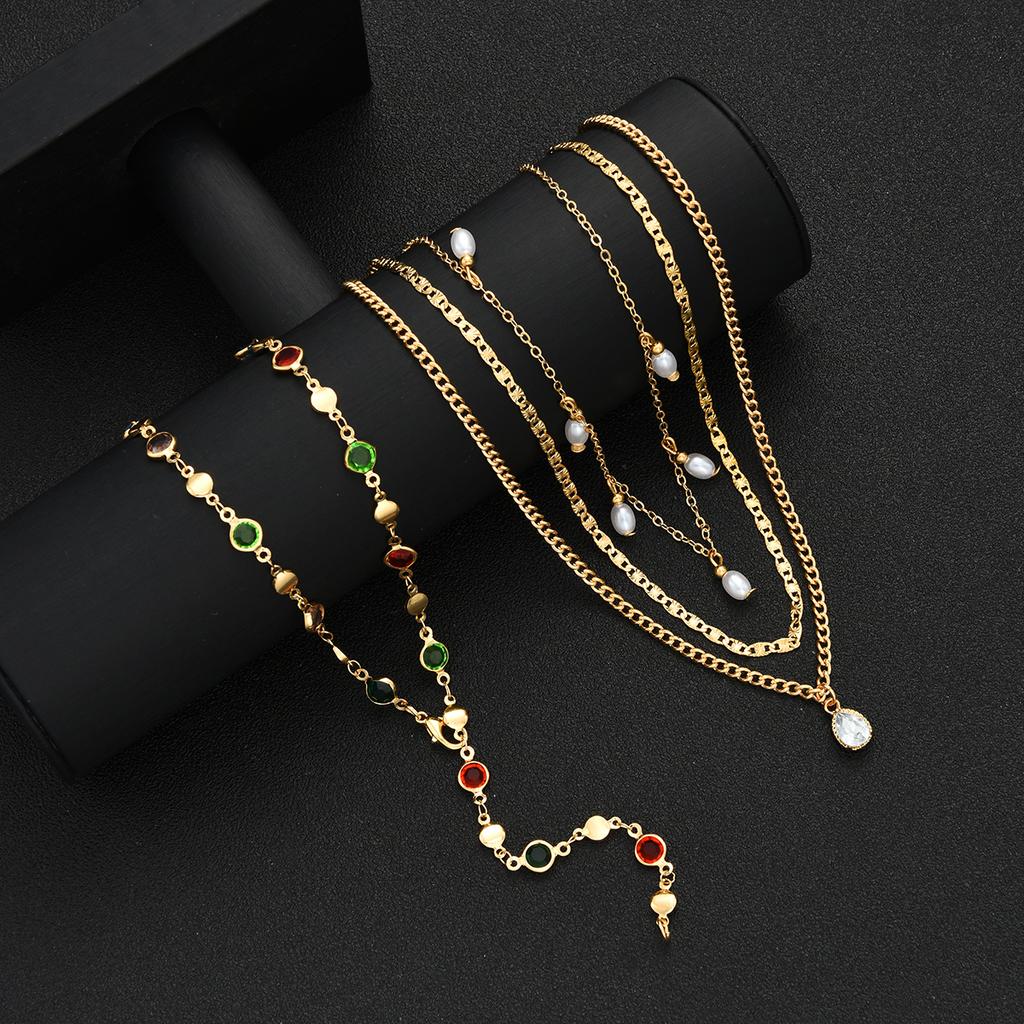 4 Pcs Simple Zircon Pearl Design Pendant Choker Necklace Set for Women Vintage Colorful Crystal Long Y-shaped Necklaces Jewelry