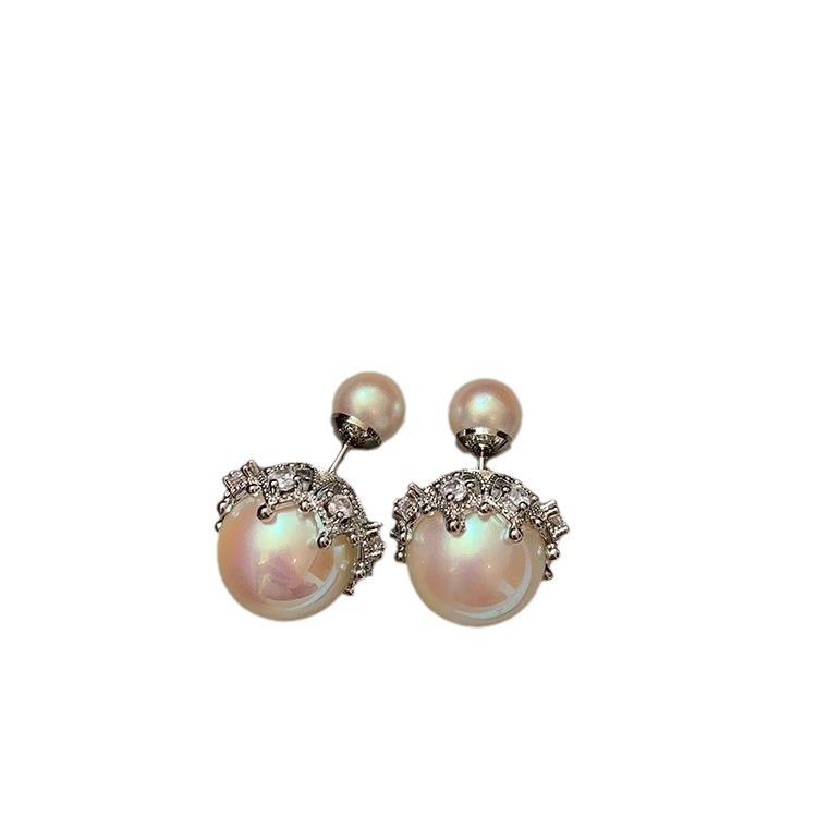 Unique Silver Diamond-encrusted Crown Pink Pearl Earrings Women's Light Luxury Niche Design Sense High-end Temperament Stud Earrings