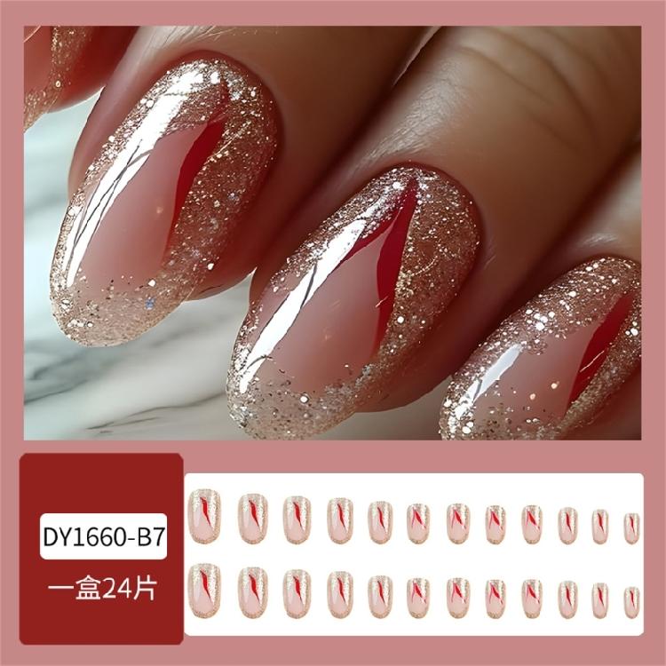 24x/Box Autumn Winter False Nail Almond Shaped Press On Nail Sparkling Full Cover Stick On Nail Manicures Supplies