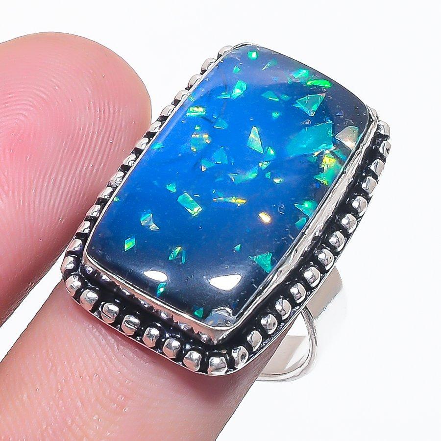 Natural Blue Triplet Opal Gemstone 925 Sterling Silver Jewelry Ring Size 10 O4q94