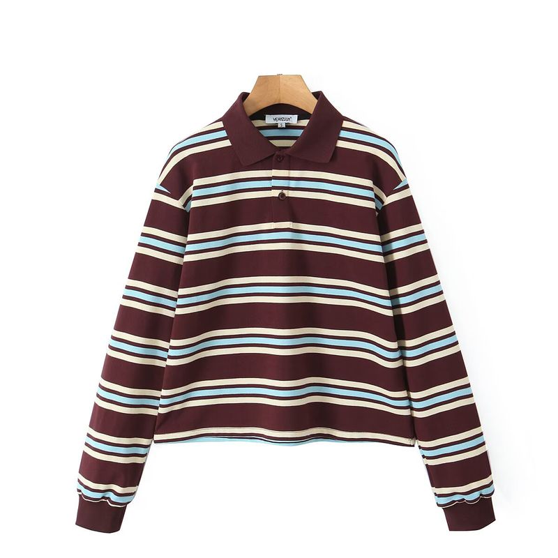 Za Autumn New Arrivals Women's Clothing Zr European and American Style Fashionable Striped Color-Block Polo Collar Casual Long Sleeve T-Shirt Top