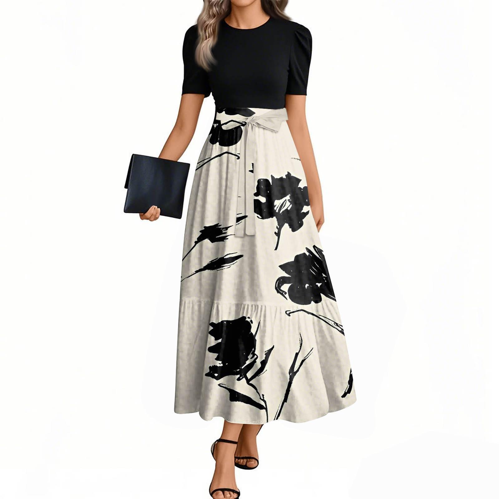 

Женские модные повседневные платья с поясом, короткими рукавами и круглым вырезом, с принтом, элегантные, темпераментные XXL бежевый