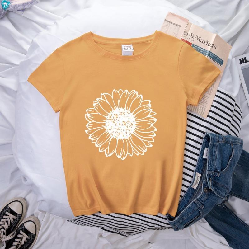 Spring Women's Simple Monochrome Sunflower Pattern Printed Pullover Loose Round Neck Pure Cotton Short Sleeved T-Shirts Women’s
