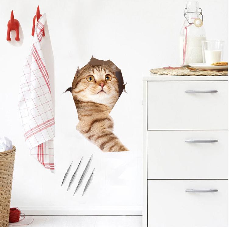5PCS Cute Cats and Dogs Pet Animals Wall Art Stickers Vivid 3D Holes Interesting Cat and Dog Toilet Stickers DIY Home Decoration