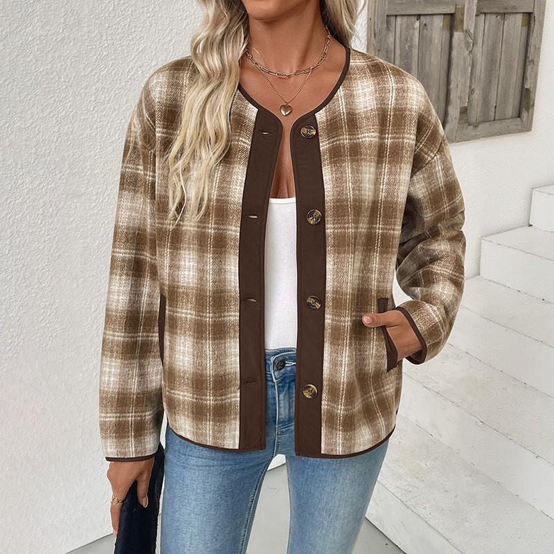 2026 Fall Winter Womens Plaid Coat Casual Cardigan Short Jacket Top