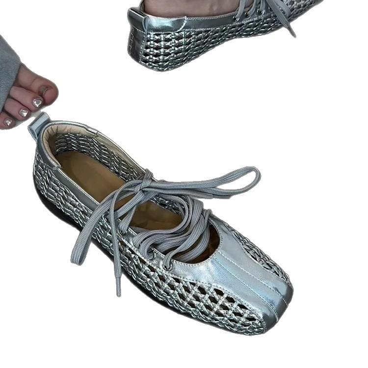 Yueyu - French Versatile Retro Soft-soled Ballet Single Shoes Women's Woven Leather Cross-strap Dexun Shoes Sandals