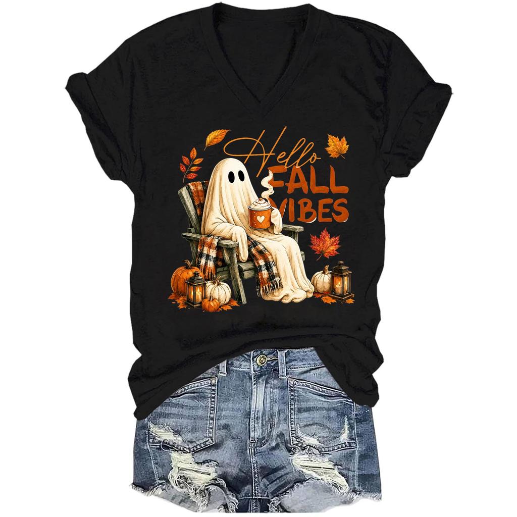 Women's Halloween Print Short Sleeve V-Neck T-Shirt Casual Top