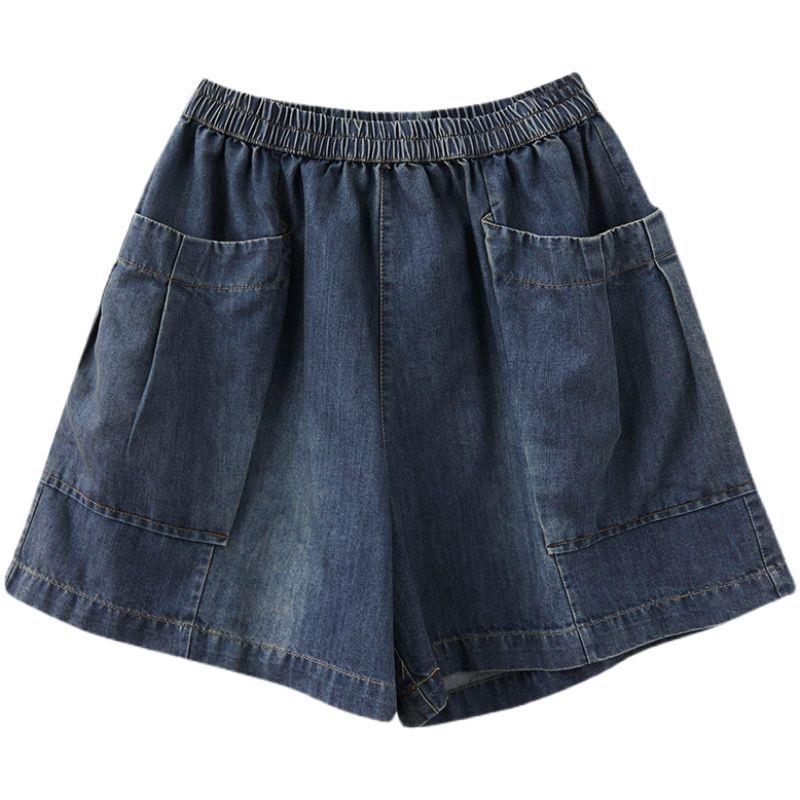 Summer 2025 Women's Elastic Waist Thin Denim Shorts - Plus Size, Loose Wide Leg, Cropped Fit for Slimming