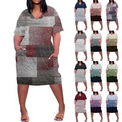 Robe décontractée pour femmes, grande taille, col en V, manches courtes, poches aux genoux, imprimés, été