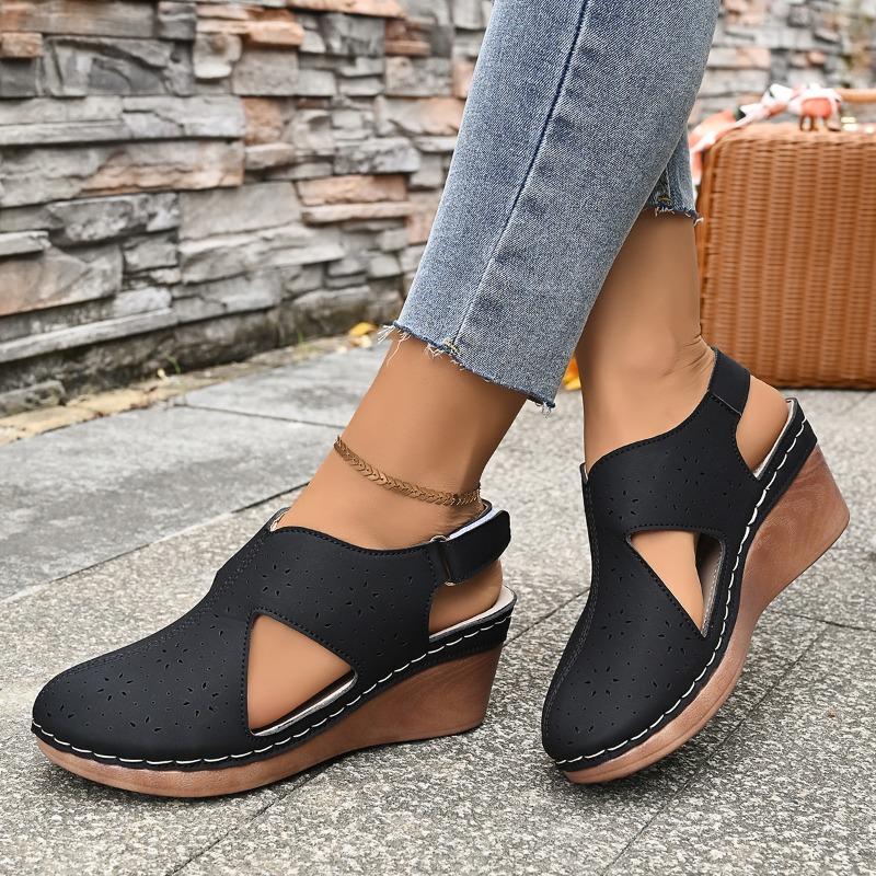 Damen Hollow Out Peep-Toe Sandalen - Verstellbarer Riemen Plateau Wedge mit Klettverschluss, Modische Freizeit-Sandalen