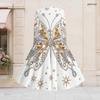 Women Plus Size V Neck Long Sleeve White Printed A Line Flared Dress With Tie Waist