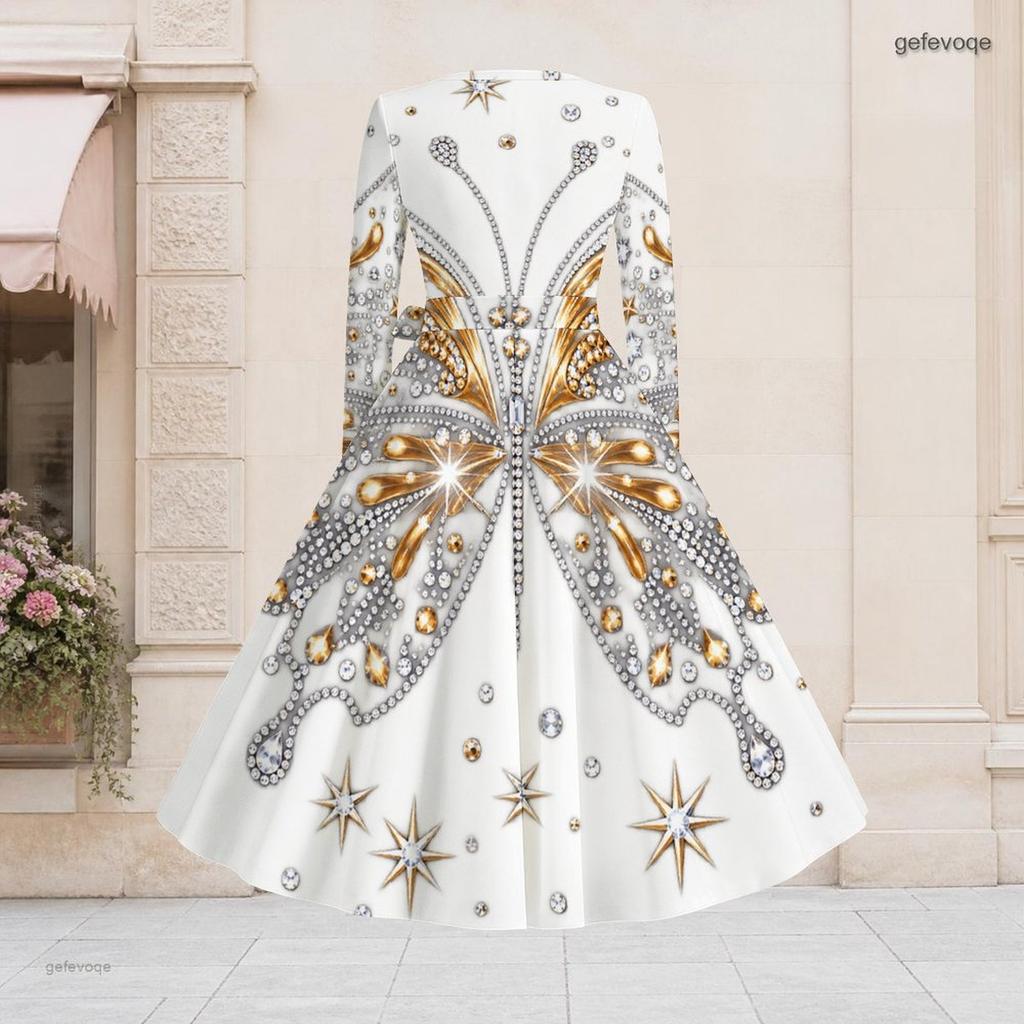 Women Plus Size V Neck Long Sleeve White Printed A Line Flared Dress With Tie Waist