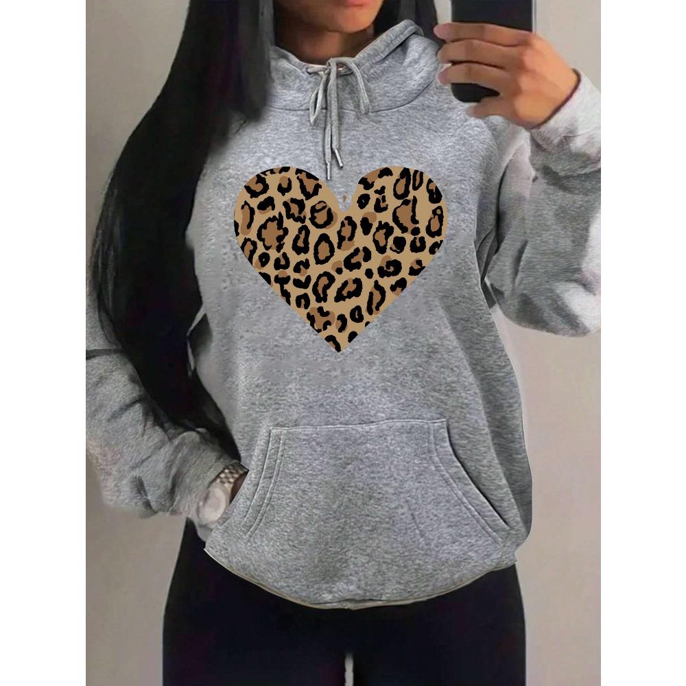 Simple Leopard Print Heart Design Hoody Women Oversize Fleece Hoodies Autumn Hip Hop Sportswear Fashion Clothing
