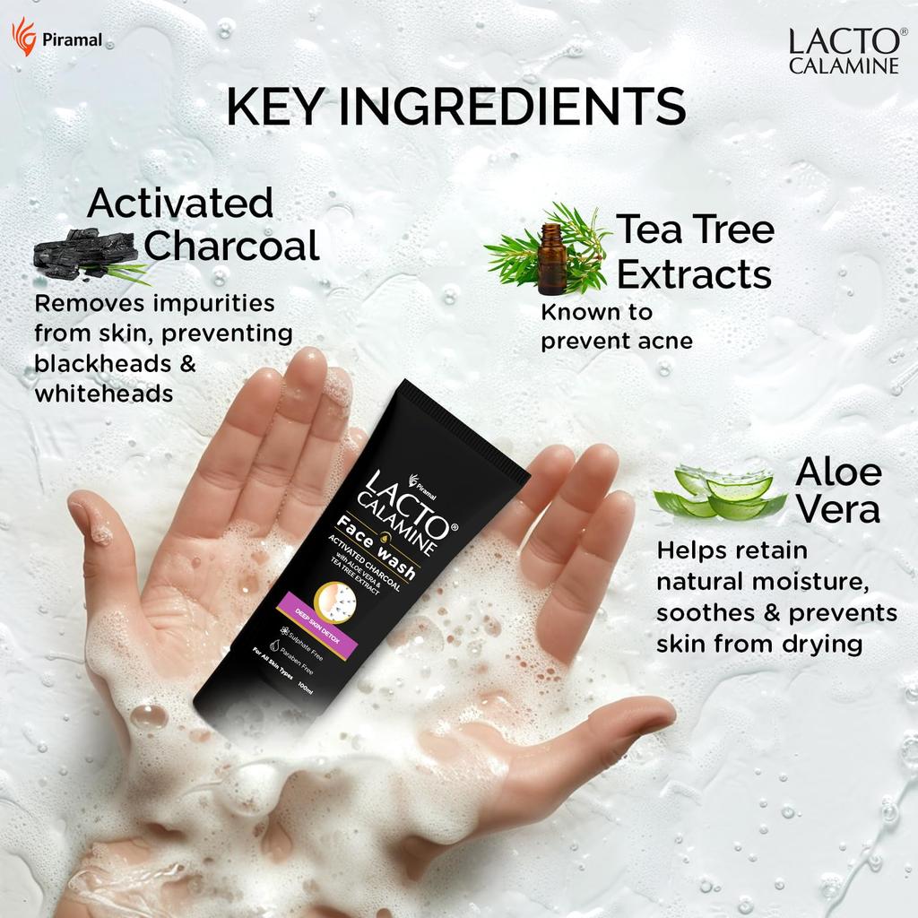 Lacto Calamine Charcoal  Activates Face Wash Aloe Vera Tea Tree Extract Deep Skin Detox 100 Ml Pack of 2